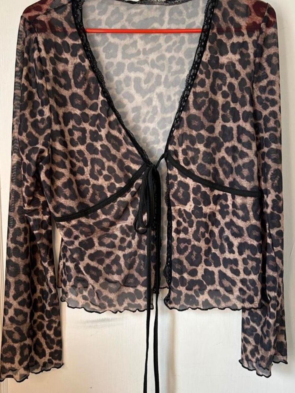 Leopard print sheer blouse with lace trim and tie front